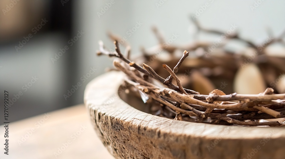 Aufkleber a natural wooden bowl holding a delicate twig nest surrounded by small decorative eggs for a rustic 