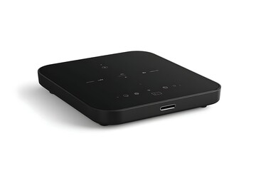 Square black audio device on white background
