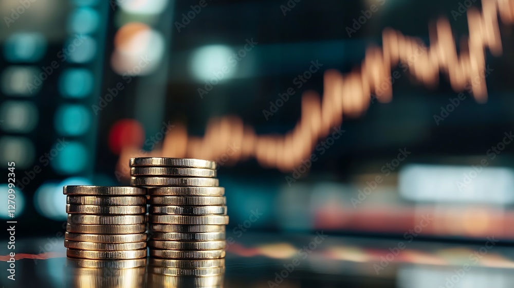 Aufkleber stacks of coins reflecting market trends with a rising graph in the background symbolizing finance g