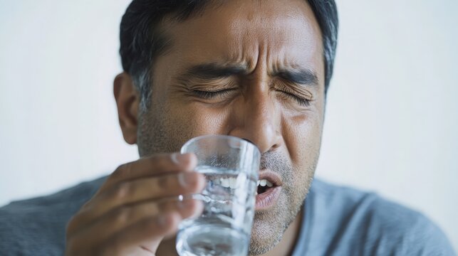 A middle-aged man grimacing as he drinks cold water, experiencing sharp tooth sensitivity. Ideal for dental health, oral care, and sensitivity awareness concepts, highlighting discomfort and reaction.