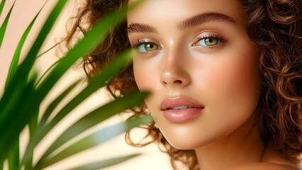 Fototapeta premium A close-up of a woman with curly hair, green eyes, and natural makeup, framed by green leaves in a soft, warm background. Concept Close-Up Photography, Curly Hair, Natural Makeup, Green Eyes