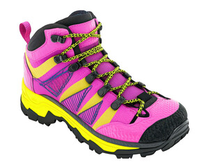 Futuristic pink hiking boot with yellow accents, designed for outdoor adventures. This vibrant footwear combines style and functionality for hiking enthusiasts