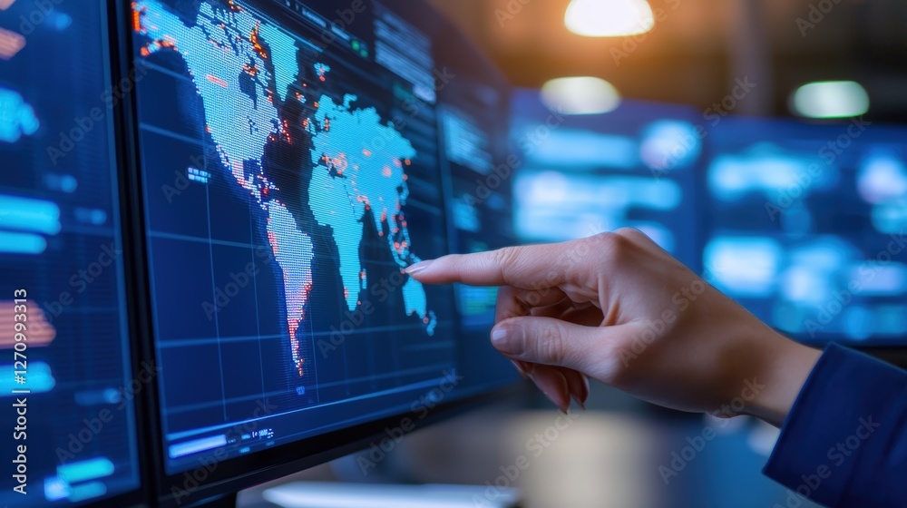 Poster a person points at a digital world map displayed on a screen, highlighting global data and geographi