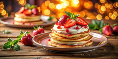 Blurry bokeh captures creamy strawberry pancakes, a tempting treat on a wooden table.