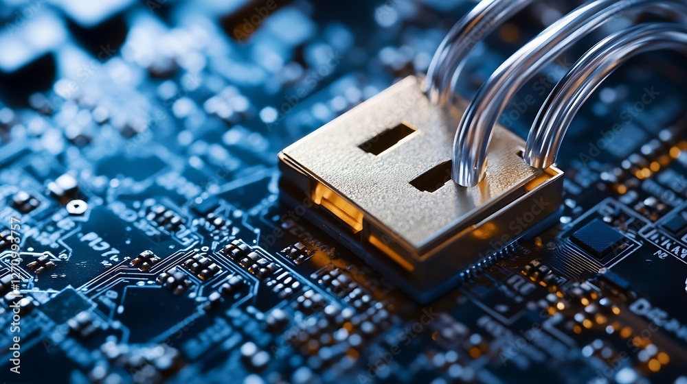 Poster Detailed closeup image of a computer motherboard with a shiny padlock symbolizing cybersecurity and technology : Generative AI