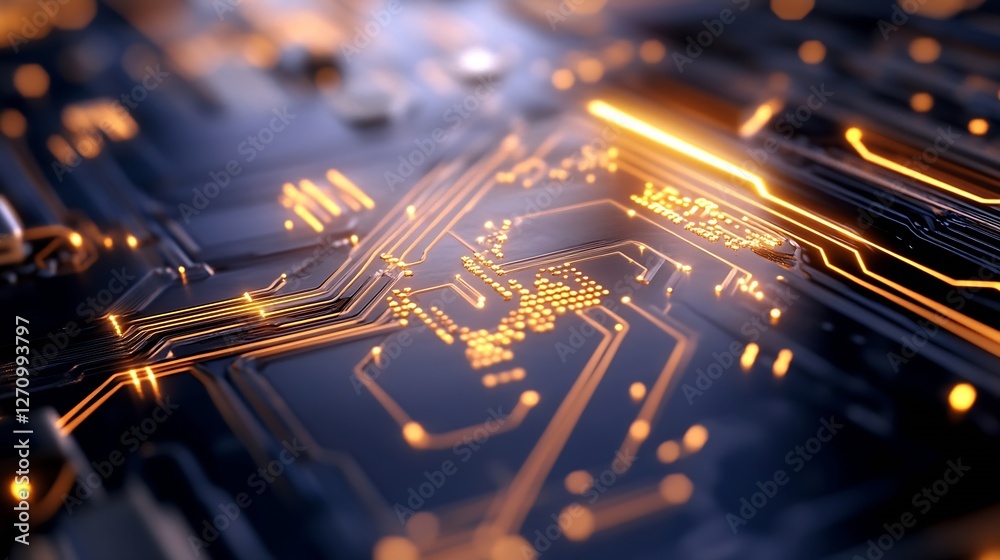 Poster Intricate details of a printed circuit board with glowing elements showcasing innovation and modern engineering : Generative AI