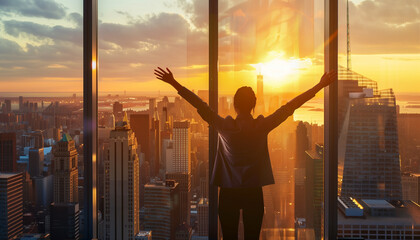 Naklejka na ściany i meble businness woman happy with hands rise up on beautiful city Landscape