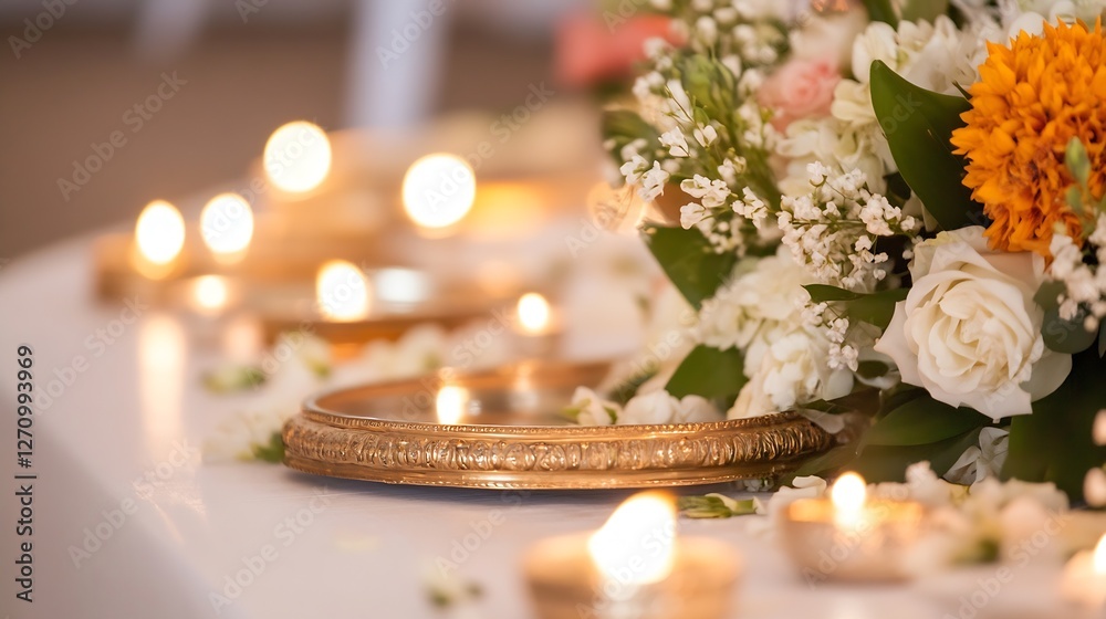 Aufkleber lovely floral decorations arranged beside lit oil lamps creating an inviting and peaceful table sett