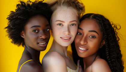 Fototapeta premium Beautiful female models together on yellow background
