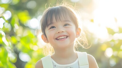Joyful child smiling in a sunlit garden surrounded by lush greenery, capturing a moment of happiness