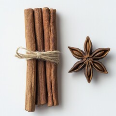 Aromatic cinnamon sticks and star anise on white background