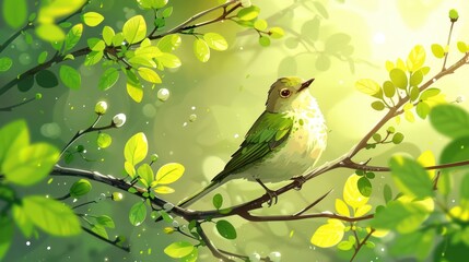 Obraz premium A serene illustration of a bird perched on a branch amidst vibrant green leaves and sunlight.