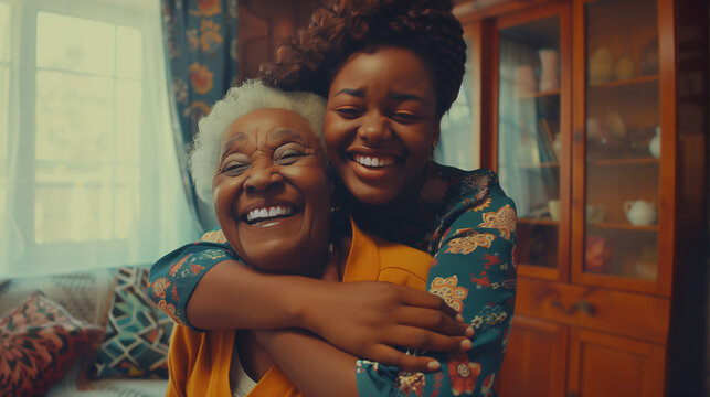 Portrait of black grandmother and granddaughter hugging and smiling at home