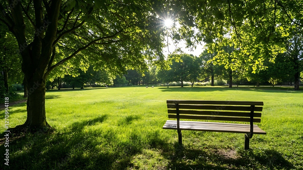 Aufkleber Serene park scene with lush green grass and a wooden bench illuminated by soft sunlight filtering through trees : Generative AI