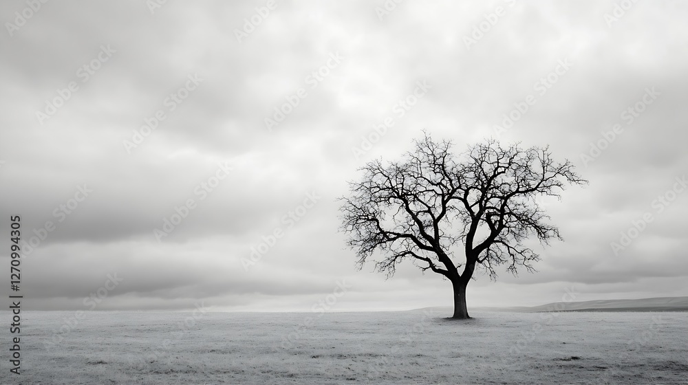 Aufkleber Isolated barren tree standing alone in a vast empty field under a moody gray sky : Generative AI