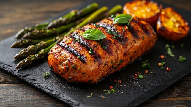 Grilled salmon with asparagus and roasted tomatoes on a slate platter.