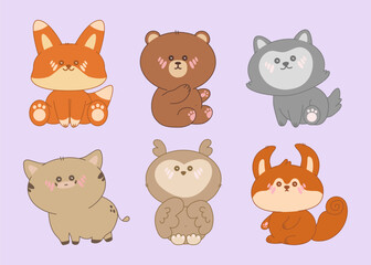Set of forest animals in kawaii style. Fox, bear, wolf, wild boar, owl, squirrel. Adorable character cartoon vector illustration for stickers, childrens books, postcards, keychains, branding