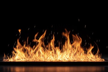 Fiery flames burning intensely on a dark surface, isolated on black background.