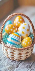 beautiful painted Easter eggs in a basket on a wooden table