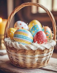 beautiful painted Easter eggs in a basket on a wooden table