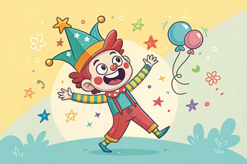 Fototapeta premium Happy clown child running with balloons, festive background