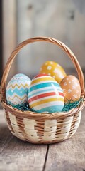 beautiful painted Easter eggs in a basket on a wooden table