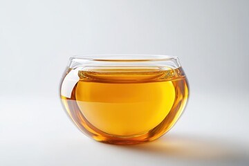 Golden liquid in a round glass bowl on a white background.