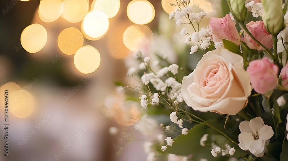 Poster delicate pink rose bouquet in soft light with blurred backgrounds and bokeh effects : generative ai