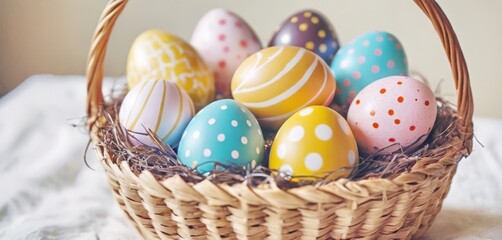 beautiful painted Easter eggs in a basket on a wooden table