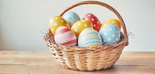 beautiful painted Easter eggs in a basket on a wooden table