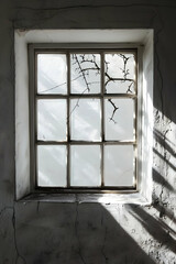 Obraz premium Sunlight streaming through an old window with a cracked pane, casting shadows on the wall