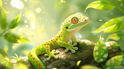 Obraz premium A vibrant green gecko perched on a branch surrounded by lush foliage.
