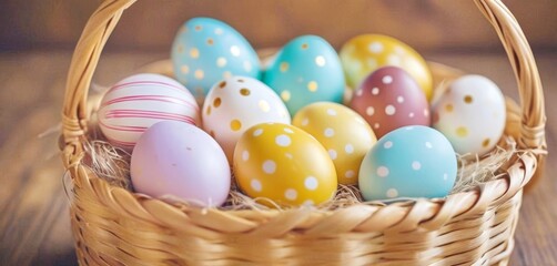 beautiful painted Easter eggs in a basket on a wooden table