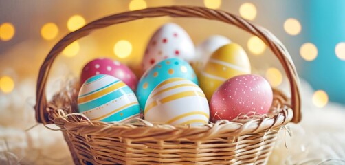 beautiful painted Easter eggs in a basket on a wooden table