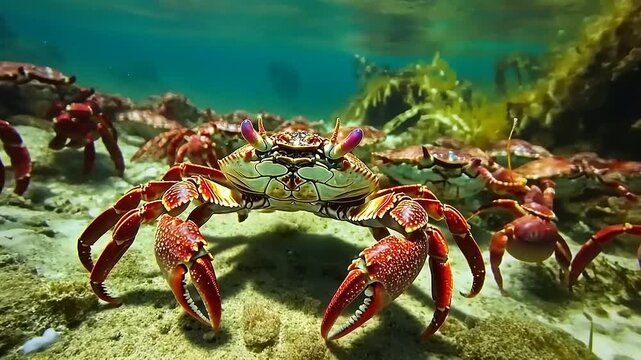 A vibrant underwater scene featuring a crab among a group of crabs on the ocean floor.