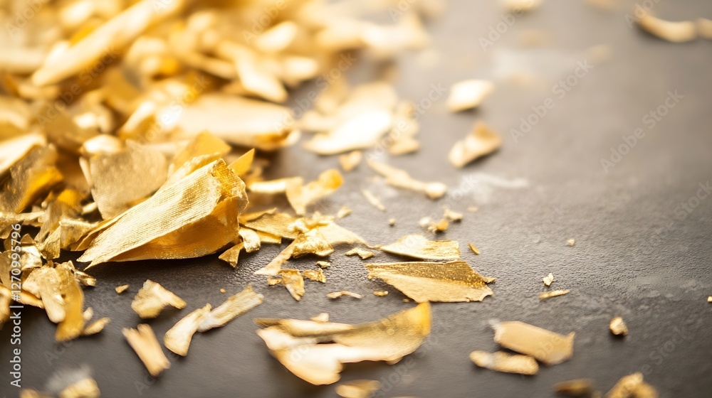Poster close up of shimmering gold flakes scattered on a dark surface for luxury and decoration : generativ