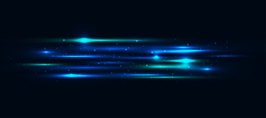 Glowing horizontal light rays and spark overlays. Sparkling stripes and glare with glitter particles. Vector effect.