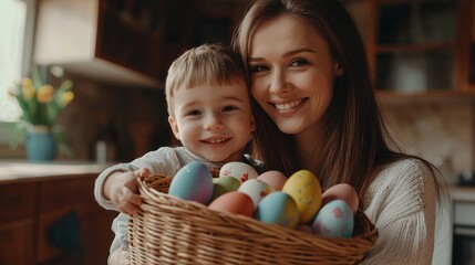 Fototapeta premium A cheerful mother embraces her smiling son as they hold a wicker basket full of beautifully decorated eggs. The cozy kitchen setting adds warmth to their festive joy