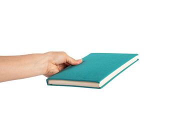 Blank blue book cover in hand on transparent background.
