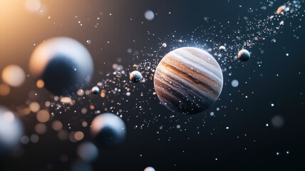 Floating holographic planets with dynamic lighting create mesmerizing cosmic scene. vibrant colors and intricate details evoke sense of wonder and