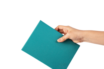 Blank blue book cover in hand on transparent background.