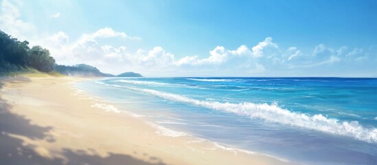 Serene beach scene with turquoise water lapping sandy shore under a bright summer sky.
