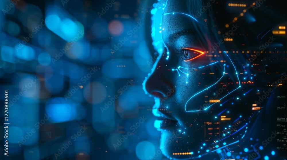 Poster a woman with a thoughtful expression has her face illuminated by glowing blue lines that resemble ci