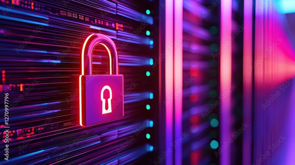Poster a glowing padlock symbolizing digital security against a backdrop of server racks, emphasizing data 