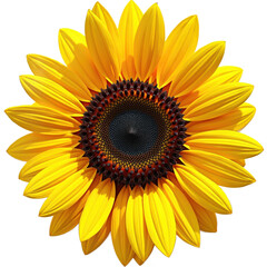 Fototapeta premium A vibrant sunflower with bright yellow petals and a dark brown center, set against a transparent background.