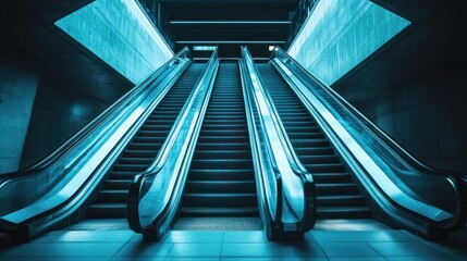 Escalators in a modern subway station at night