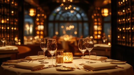 Fototapeta premium Elegant dinner setup with white table linens, golden cutlery, and flickering candles