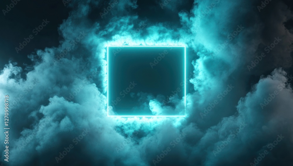 Wall mural glowing teal neon square frame in dark clouds.