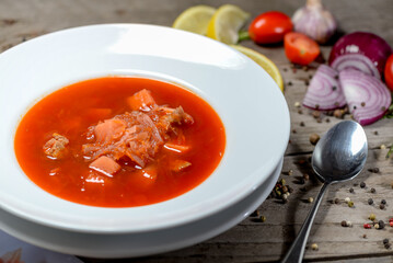 Ukrainian borscht in a white plate