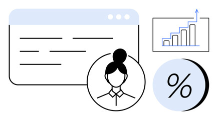 Business webpage with lines of text, female silhouette with bun, bar chart with upward arrow, large percentage symbol. Ideal for analytics, marketing, finance, sales, demographics, human resources